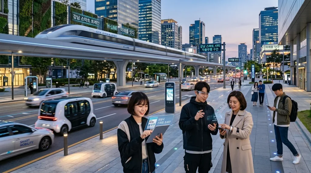 해질녘의 세련되고 현대적인 스마트 시티 풍경. 자율주행 차량과 고속 대중교통이 매끄럽게 움직인다. 다양한 한국인들이 스마트 기기를 사용하는 모습이 전경에 나타나 있으며, 이는 기술이 일상생활과 미래 모빌리티에 자연스럽게 통합될 것임을 보여준다.
