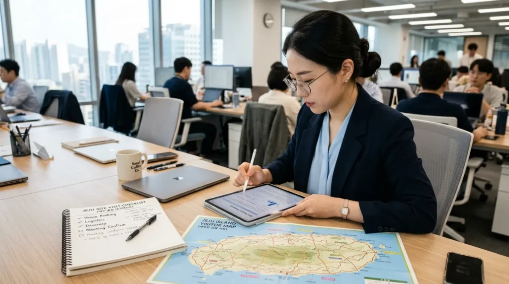 태블릿으로 디지털 문서를 검토하는 젊은 한국인 직장인의 모습입니다. 작업 공간에는 체크리스트와 제주도 지도가 놓여 있습니다.