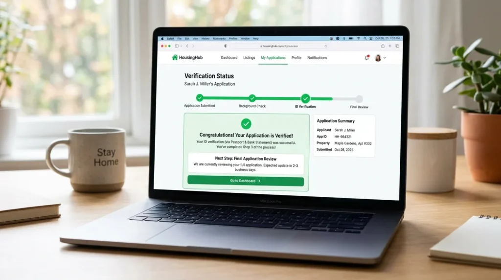 노트북 화면에는 깔끔하고 직관적인 주택 신청 웹사이트 인터페이스가 나타나 있으며, 진행률 표시줄과 승인 완료 메시지가 보입니다.