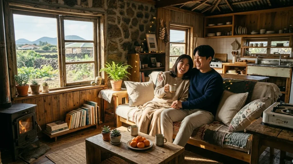 지제시에 있는 3만 원짜리 주택의 따뜻하고 아늑한 내부 모습입니다. 창문으로 햇살이 쏟아져 들어오고, 행복한 한국인 부부가 새집에서 즐거운 시간을 보내고 있습니다.