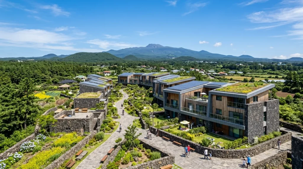 제주도의 현대적이고 친환경적인 공공주택 단지의 광각 파노라마 사진입니다. 전통 석조 벽과 현대 건축 양식이 조화롭게 어우러져 있으며, 맑은 푸른 하늘 아래 한라산이 배경으로 펼쳐집니다.