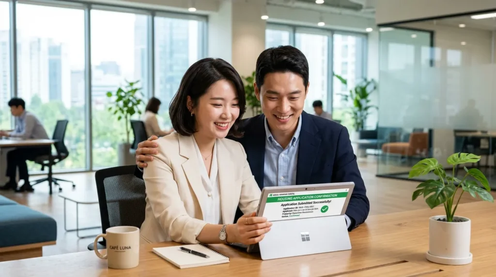 20대 후반의 한국인 전문직 부부가 밝고 쾌적한 현대식 사무실에 앉아 디지털 태블릿으로 주택 신청 확인 화면을 보며 미소 짓고 있습니다.