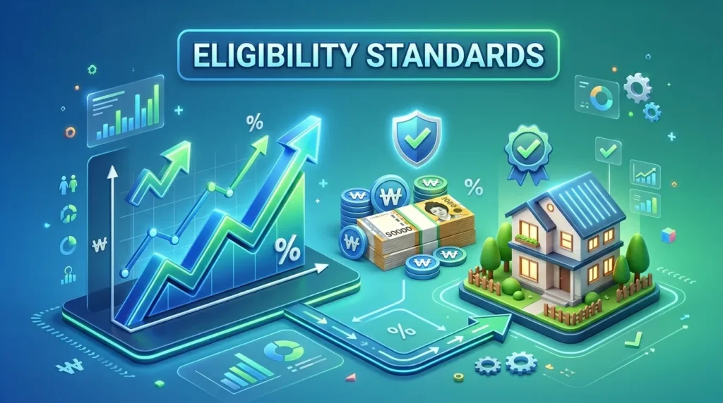 한국 원화 아이콘, 상승 추세를 보이는 백분율 그래프, 그리고 주택 아이콘을 통해 재정 자격 및 소득 기준을 나타내는 고품질 3D 인포그래픽입니다.