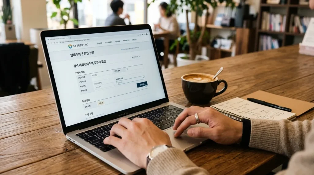 한국의 젊은 남성이 나무 책상 위에 커피 한 잔과 노트북을 놓고 '제주개발공사' 로고가 보이는 깔끔한 사용자 인터페이스의 웹사이트에서 노트북으로 주택 신청을 하고 있습니다.