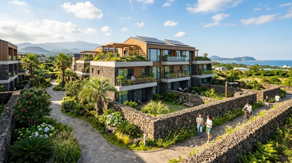 제주도의 현대적이고 세련된 저층 공공주택 단지. 전통적인 돌담과 울창한 녹음이 어우러진 풍경. 화창한 날씨, 영화 같은 조명, 8K 해상도.