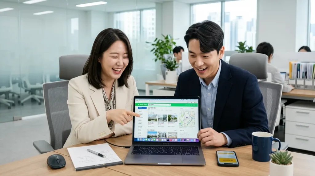 전문직에 종사하는 듯한 한국의 젊은 남녀가 노트북으로 부동산 정보를 확인하며 행복하고 들뜬 표정을 짓고 있다. 깔끔한 사무실 배경.