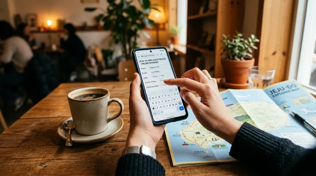 스마트폰으로 온라인 신청서를 작성하는 사람의 손 클로즈업. 배경에는 커피 한 잔과 제주도 지도가 놓여 있고, 따뜻한 조명.