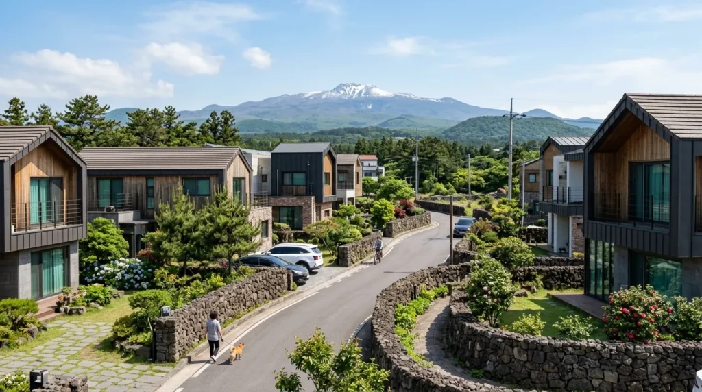맑은 푸른 하늘 아래, 멀리 한라산이 보이는 평화로운 제주도의 주택가. 화산암으로 이루어진 돌담과 현대적인 저층 주택들이 어우러져 있다.