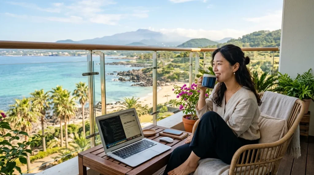 20대 후반에서 30대 초반으로 보이는 한국 여성이 아름다운 제주 해안선이 내려다보이는 발코니에 편안하게 앉아 커피를 마시고 있습니다. 노트북을 켜놓은 것으로 보아 재택근무를 하고 있는 듯하며, 그녀의 얼굴에는 잔잔한 미소가 번집니다. 햇살이 따스하게 비추고 야자수들이 보입니다.