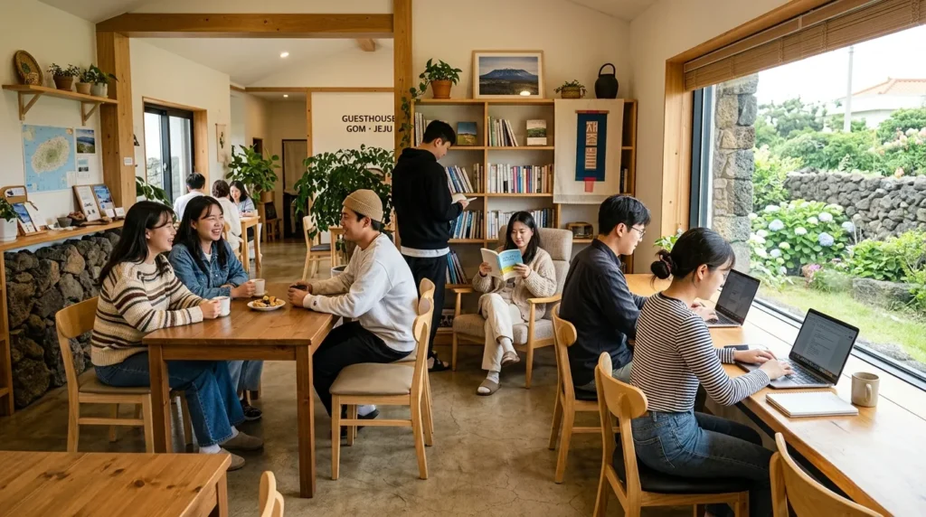 제주에 있는 한 게스트하우스 공용 공간의 활기차고 깔끔한 인테리어입니다. 20~30대 젊은 한국인들이 담소를 나누거나 책을 읽거나 노트북으로 업무를 보고 있습니다. 제주 지역 특색을 살린 소품들이 더해져 편안하고 미니멀한 분위기를 자아냅니다.