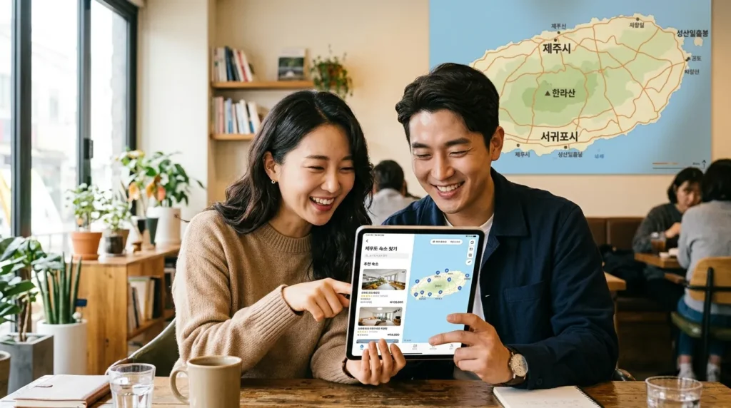 20대 후반에서 30대 초반으로 보이는 젊은 한국인 커플이 태블릿으로 제주도의 다양한 숙소를 열심히 살펴보고 있습니다. 배경에는 제주도 지도가 펼쳐져 있고, 두 사람은 만족스러운 듯 미소를 짓고 있습니다.