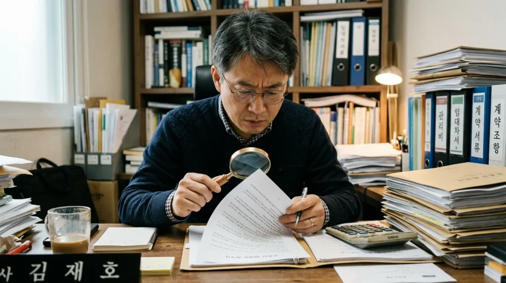 40대 한국 남성이 돋보기로 임대 계약서를 꼼꼼히 읽고 있습니다. 걱정스럽지만 단호한 표정입니다. 배경에는 서류 더미와 계산기가 놓여 있어 법률 검토의 중요성을 보여줍니다.