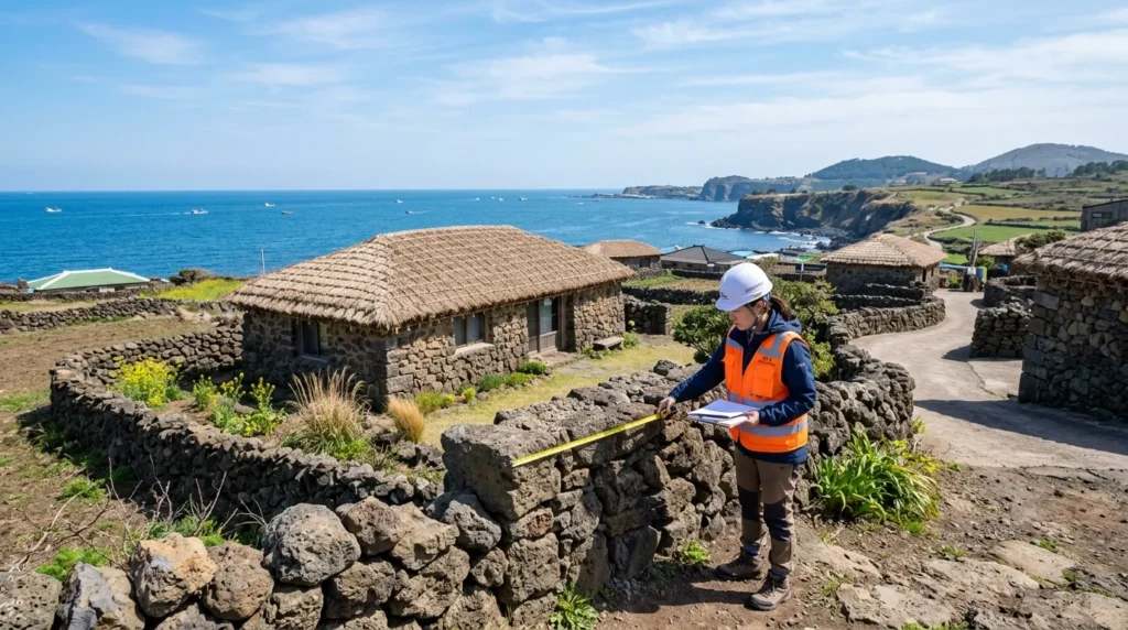 맑은 3월 하늘 아래 푸른 바다가 펼쳐진 아름다운 제주도의 풍경을 광각으로 담아낸 사진입니다. 안전조끼를 착용한 한국인 전문 건축가가 전통 석조 가옥을 꼼꼼하게 측량하고 있습니다.