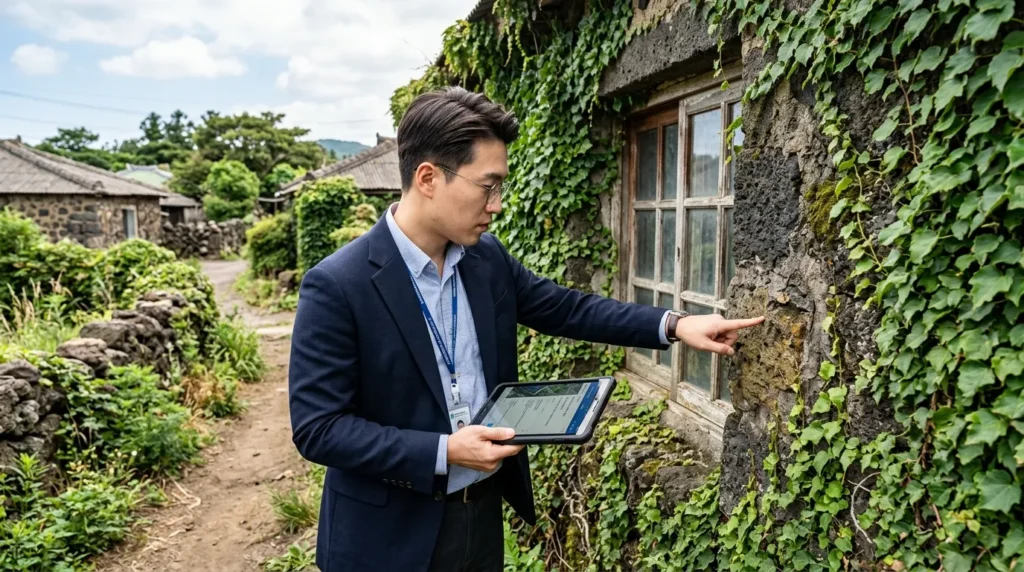 제주 시골 마을의 담쟁이덩굴로 뒤덮인 오래된 석조 가옥 외관을 정장 차림의 한국 공무원이 디지털 태블릿으로 살펴보는 모습이 클로즈업되어 있습니다.