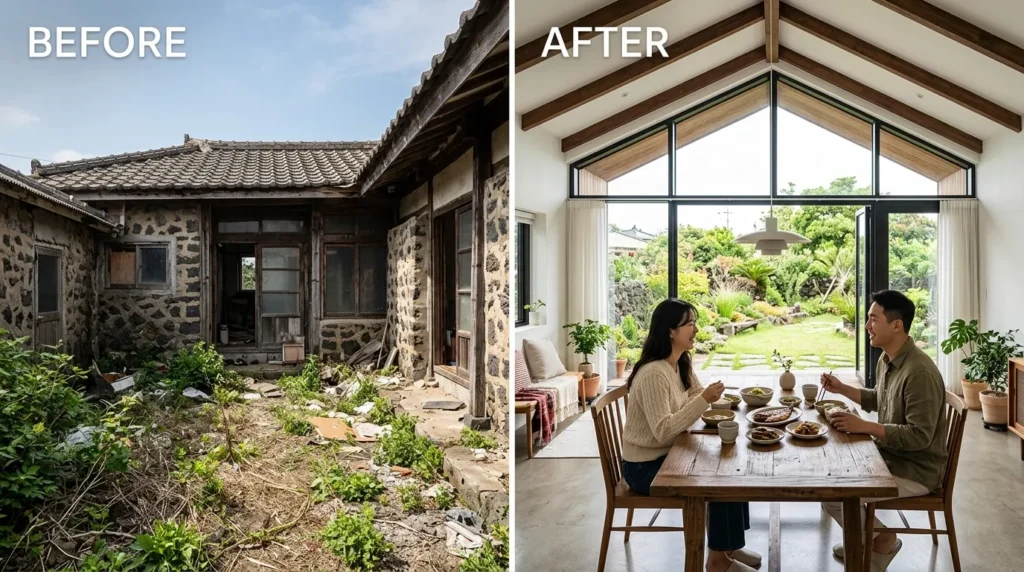 세제의 빈집을 리모델링하기 전과 후의 모습을 분할 화면으로 보여줍니다. 리모델링 후 모습에는 높은 천장과 정원이 보이는 큰 창문이 있는 세련되고 현대적인 인테리어와 식사를 즐기는 젊은 한국인 커플의 모습이 담겨 있습니다.