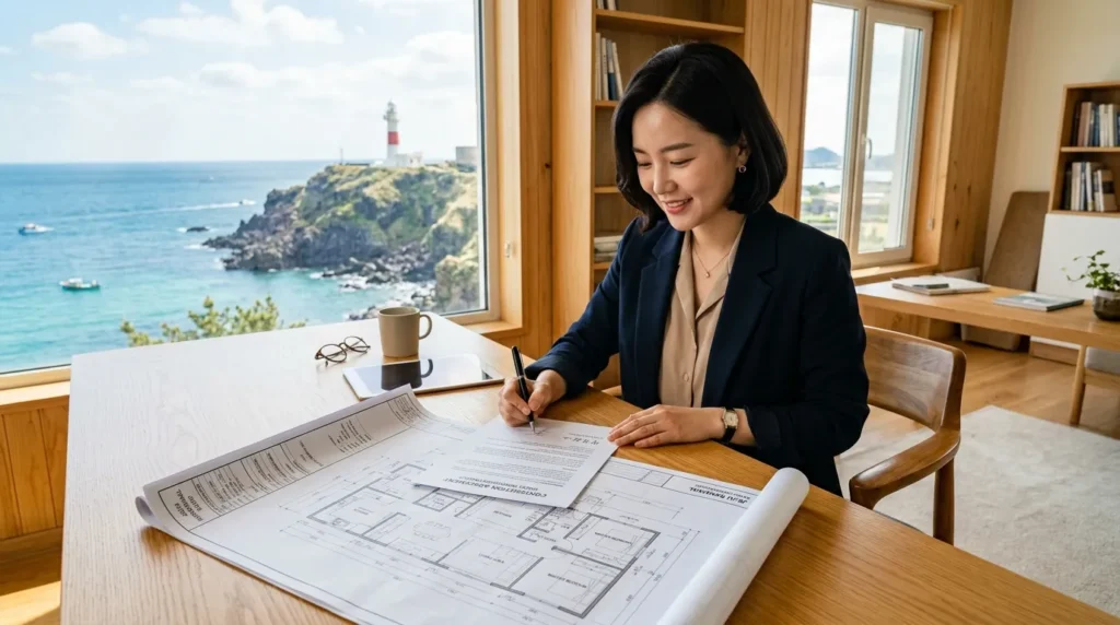 30대 한국 여성이 밝은 색 나무 책상에 앉아 주택 리모델링 설계도를 펼쳐놓고 계약서에 서명하고 있습니다. 창밖으로는 제주 등대가 보입니다.