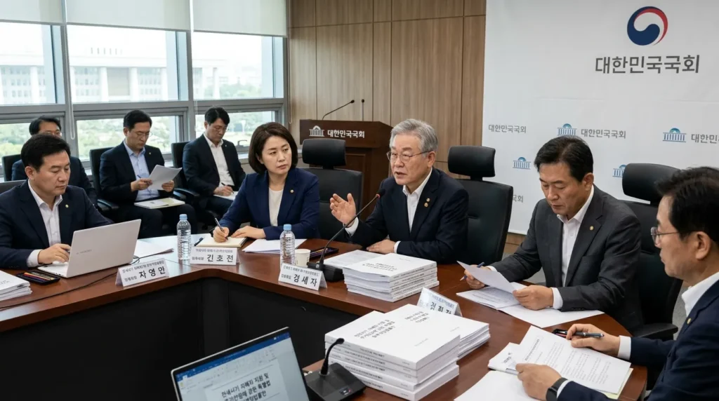 회의실에 모인 한국 국회의원들이 진지한 표정으로 전세사기 피해자 특별법 개정안을 논의하고 있는 모습. 테이블 위에는 법안 서류들이 놓여 있고, 뒤쪽으로는 대한민국 국회 로고가 작게 보이는 현대적인 분위기.