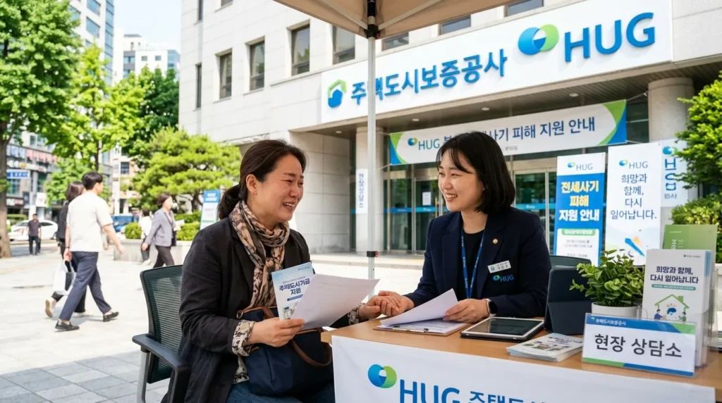 한국인 피해자가 주택도시보증공사(HUG) 로고가 보이는 건물 앞에서 안도하는 표정으로 정부 기관 직원과 상담하고 있는 모습. 희망찬 분위기로, 개선된 지원책으로 인해 삶의 안정을 되찾는 것을 상징한다.
