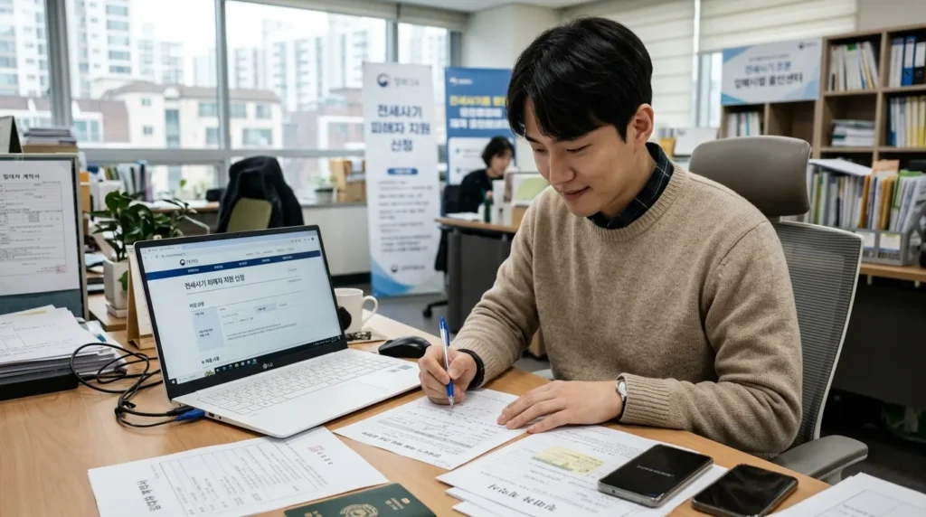 한국인 청년이 정부24 웹사이트가 열린 노트북 앞에서 서류들을 펼쳐놓고 꼼꼼히 확인하며 전세사기 피해 지원을 신청하는 모습. 희망적인 표정으로 집중하고 있다.