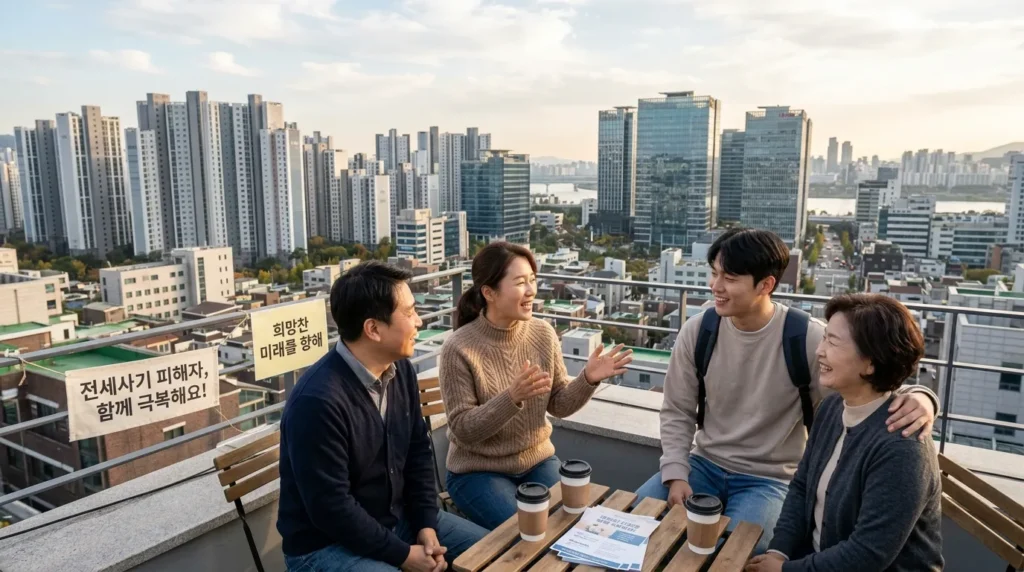 한국인 피해자들이 밝은 표정으로 서로 격려하며 함께 전세사기 피해를 극복하고 희망찬 미래를 이야기하는 모습. 뒤로는 현대적인 한국 도시의 스카이라인이 보인다.
