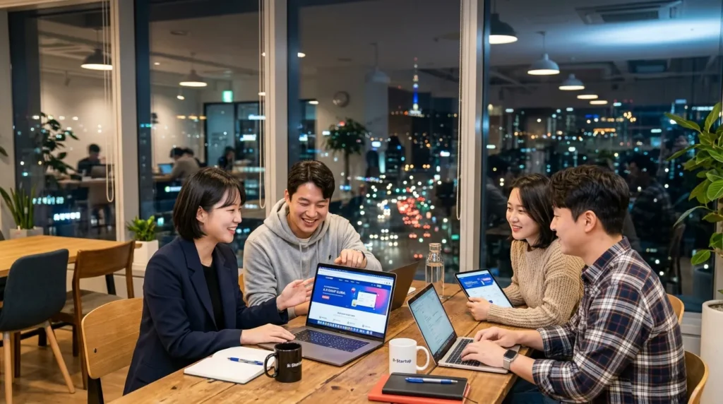한국인 청년 창업가들이 K-Startup 플랫폼 웹사이트를 노트북과 태블릿으로 열어보며 서로 아이디어를 공유하고 있는 모습. 배경에는 대한민국의 도시 야경이 은은하게 비친다.