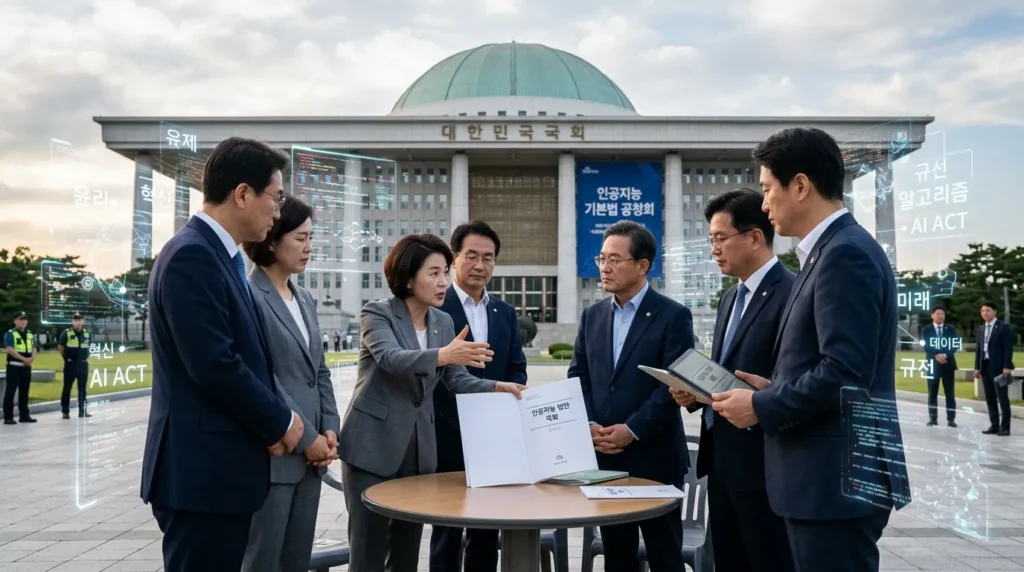 한국 국회의사당 앞에서 AI 법안을 상징하는 서류를 들고 진지하게 논의하는 한국인 정책 입안자들. 주변에는 복잡한 디지털 인터페이스와 인공지능 관련 키워드(예: 윤리, 혁신, 안전)가 추상적으로 표현되어 있다.