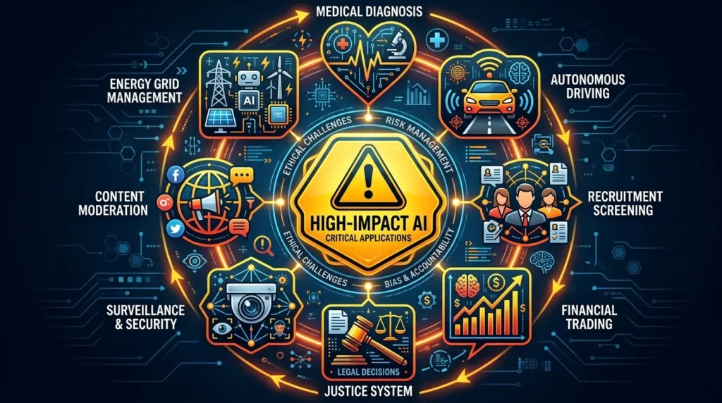 다양한 고영향 AI 적용 분야(예: 의료 진단, 자율주행, 채용 심사)를 상징하는 아이콘들이 원형으로 배열되어 있고, 중앙에 '고영향 AI'라고 쓰인 경고 표시가 있는 다이어그램. 아이콘들은 심장, 자동차, 사람 아이콘 등으로 구체화되어 있으며, 전체적으로 첨단 기술과 경고의 색상을 조합한다.