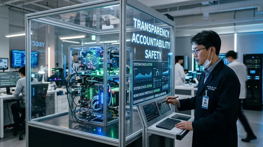 투명한 유리 상자 안에서 작동하는 복잡한 AI 시스템과 그 시스템을 주의 깊게 모니터링하고 관리하는 한국인 전문가의 모습. 옆에는 '투명성', '책임성', '안전'이라는 키워드가 강조된 디지털 인터페이스가 함께 보인다.