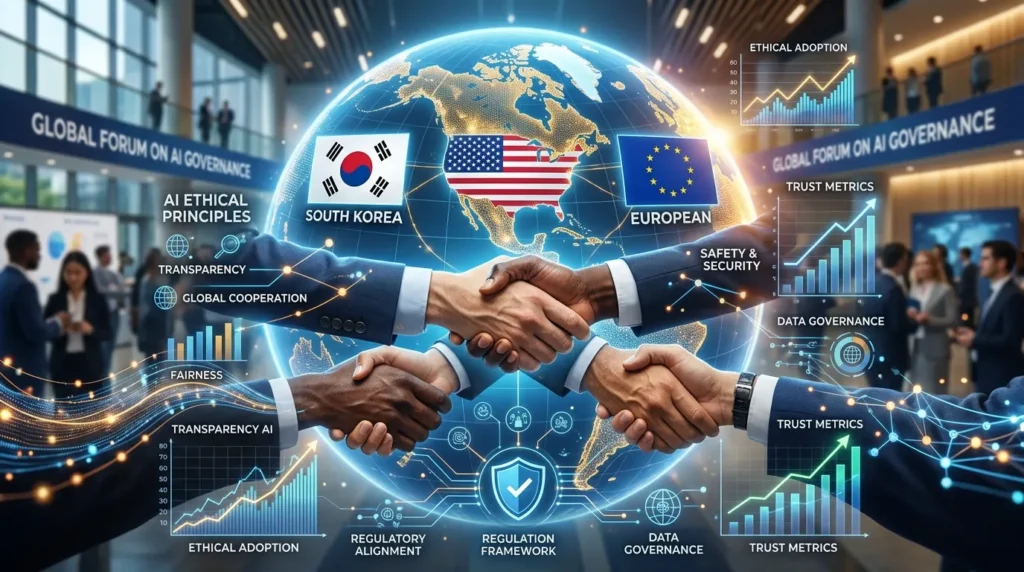 한국, 미국, 유럽연합 국기가 그려진 지구본을 배경으로, AI 규제 관련 국제 협력을 상징하는 악수하는 모습의 다양한 인종의 손들. 주변에는 AI 윤리 원칙을 나타내는 그래프와 데이터 흐름이 시각적으로 표현되어 있다.
