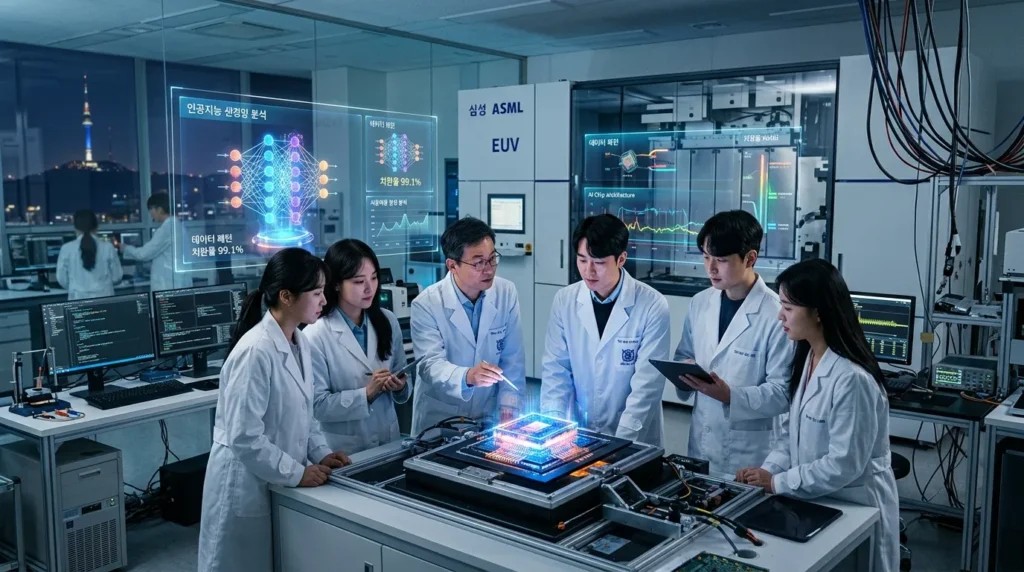 한국의 미래지향적인 첨단 연구소에서 다양한 분야의 한국 과학자들이 빛나는 복잡한 AI 반도체 칩을 연구하고 있습니다. 배경에는 홀로그램 데이터 시각화 장비와 최첨단 리소그래피 장비가 보입니다.