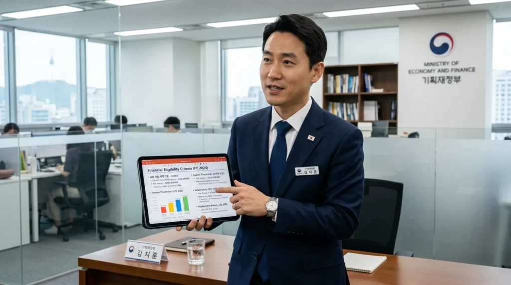 정장을 입은 한국 남성 공무원이 깔끔한 사무실 환경에서 디지털 태블릿을 사용하여 재정 지원 자격 기준을 설명하고 있습니다.