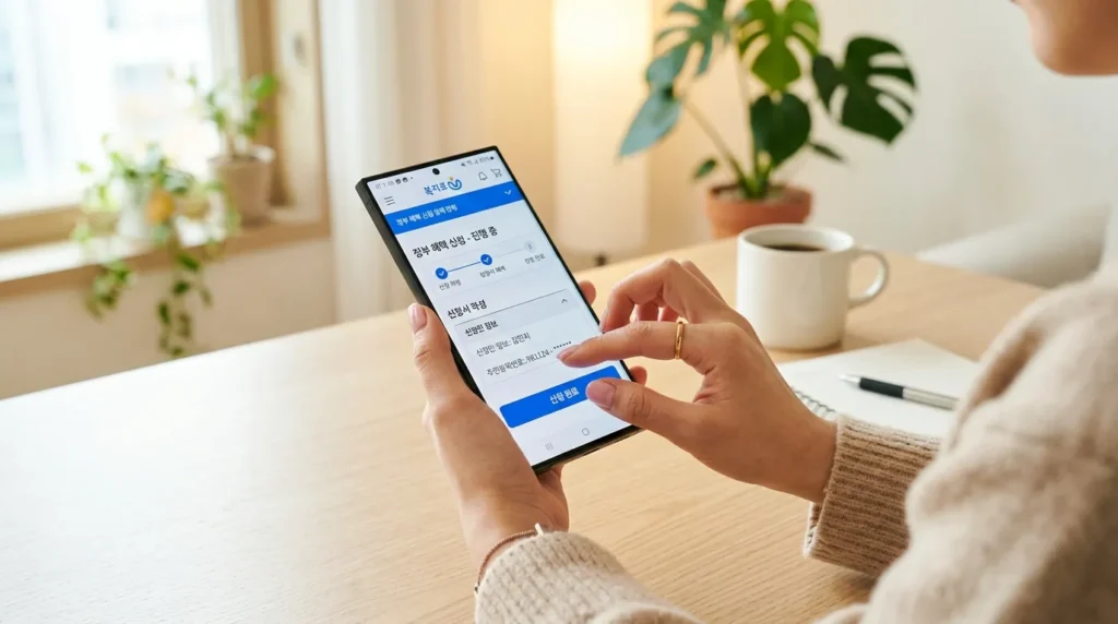 한국인의 손이 깨끗하고 밝은 분위기 속에서 고급 스마트폰 앱을 통해 정부 지원금을 신청하고 있습니다.
