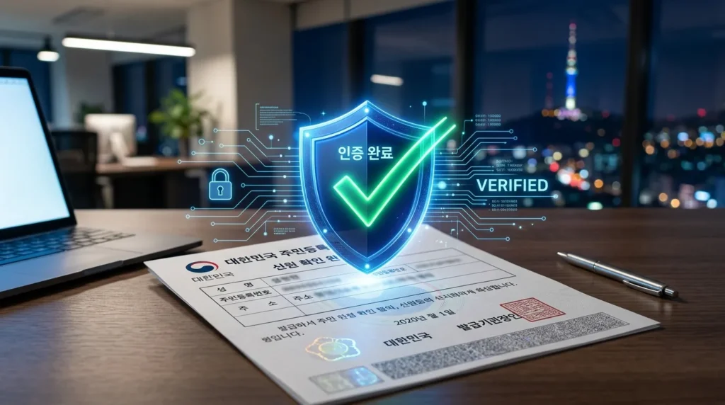 방패와 체크 표시 아이콘이 한국 문서 위에 배치된 디지털 보안 및 인증 개념 이미지로, 전문적이고 신뢰감 있는 느낌을 줍니다.