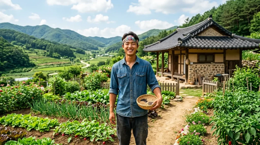 한국인 청년 농부가 푸른 농촌 배경의 작은 전원주택 앞에서 환하게 웃으며 서 있는 모습. 손에는 씨앗이 든 작은 바구니를 들고 있다. 집 주변에는 잘 가꿔진 텃밭이 보인다.