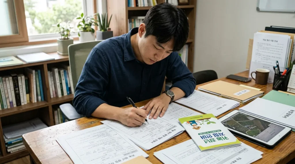 다양한 서류와 태블릿이 놓인 책상 위에서 한국인 청년이 펜으로 신청 서류를 꼼꼼히 작성하고 있는 모습. 옆에는 '귀농 청년 지원'이라고 쓰인 안내 책자가 있다.