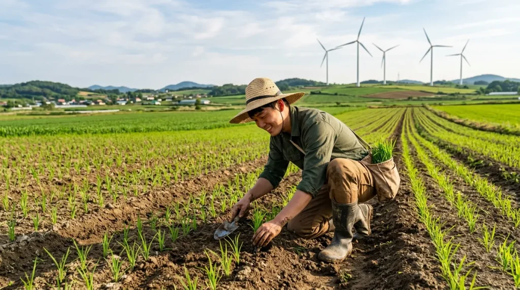 한국인 청년 귀농인이 넓은 밭에서 모종을 심으며 활기차게 일하는 모습. 멀리 보이는 풍력발전기와 함께 지속 가능한 농업의 이미지를 강조한다.