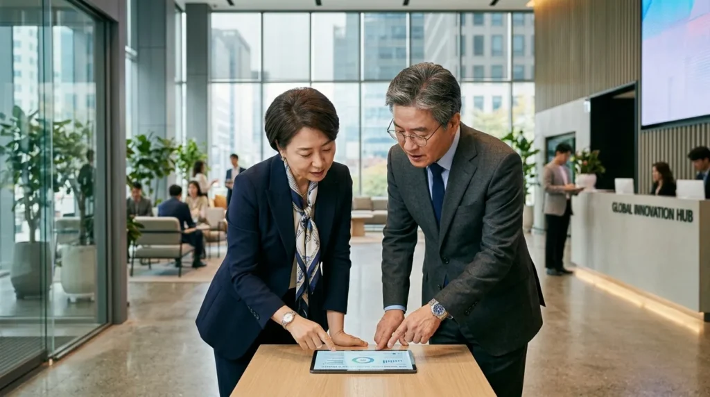 세련된 정장을 입은 50대 한국인 남성과 여성이 밝은 표정으로 태블릿 PC를 보며 새로운 경력 경로를 논의하고 있는 모습, 배경은 현대적인 오피스 로비