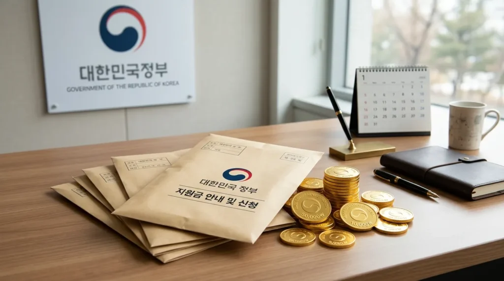 한국의 정부 지원 혜택을 상징하는 황금색 동전들과 서류 봉투가 놓인 깔끔한 책상, 배경에는 한국 정부 로고가 은은하게 보임