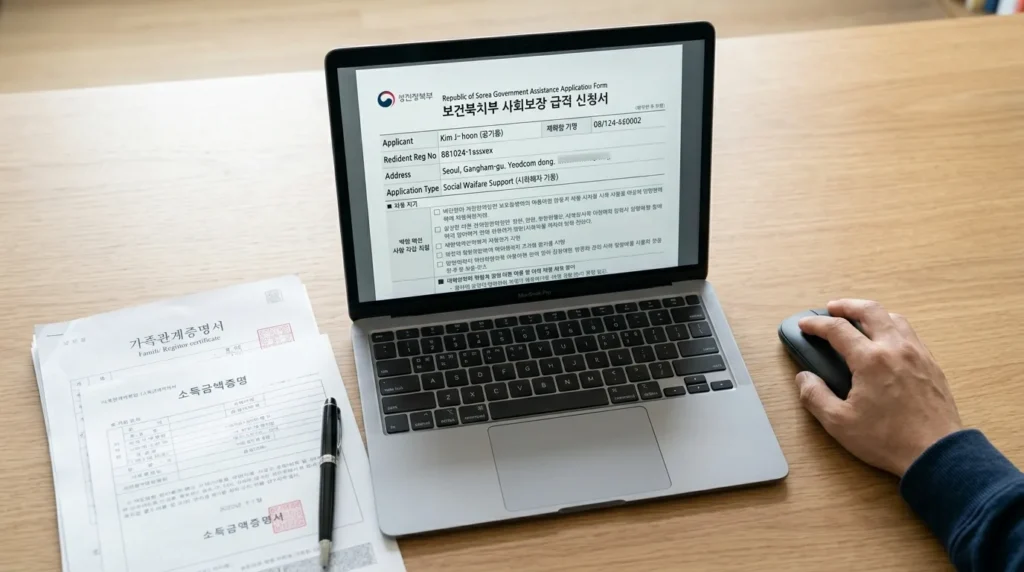 깨끗한 책상 위 노트북 화면에 정부 지원 신청 양식이 띄워져 있고, 옆에는 한국인 남성이 서류를 확인하며 마우스를 클릭하려는 손의 클로즈업