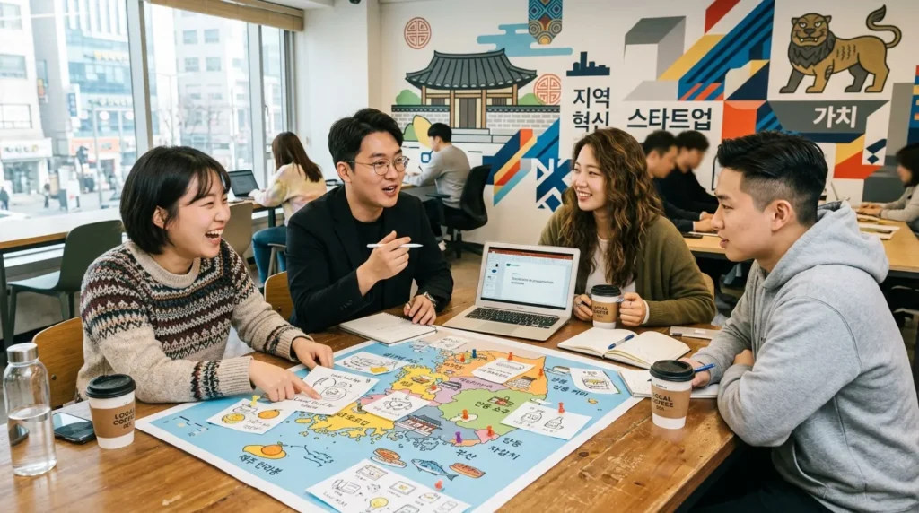 한국인 청년 창업가들이 지도 위에 놓인 지역 특산물과 혁신적인 아이디어를 시각화한 스케치들을 보며 활발하게 토론하는 모습. 테이블 위에는 노트북과 커피잔이 놓여 있고, 배경으로는 지역 고유의 상징물들이 현대적으로 재해석되어 보인다.