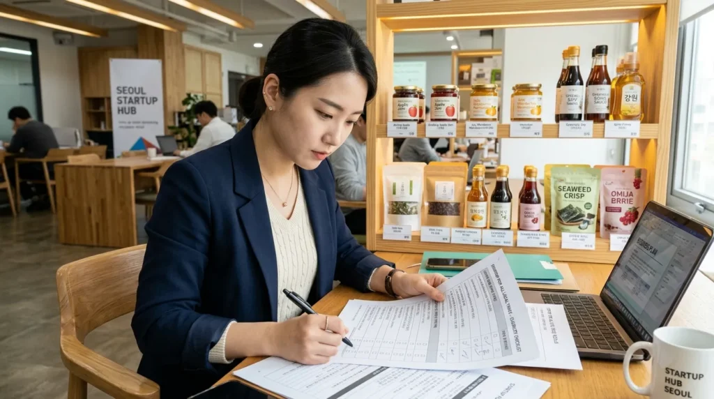 한국인 청년 여성 창업가가 복잡한 서류와 체크리스트를 꼼꼼히 확인하며 '모두의 창업 로컬트랙' 지원 자격을 검토하는 모습. 그녀의 뒤로는 지역 특산물을 활용한 제품들이 진열되어 있다.