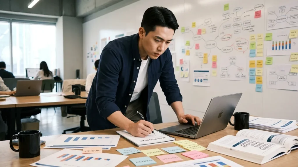 한국인 남성 창업가가 노트북 앞에서 사업 계획서를 신중하게 작성하고 있는 모습. 주변에는 아이디어 보드와 참고 자료들이 펼쳐져 있으며, 그의 표정에는 열정과 집중력이 드러나 있다.