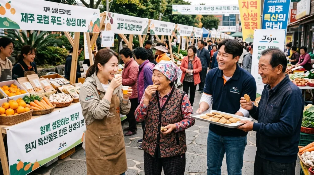 한국인 창업가들이 지역 주민들과 함께 지역 특산물을 활용한 제품을 시식하거나 체험하는 활기찬 모습. 창업가들은 미소를 띠고 고객들과 소통하며, 지역 커뮤니티와의 상생을 보여준다.