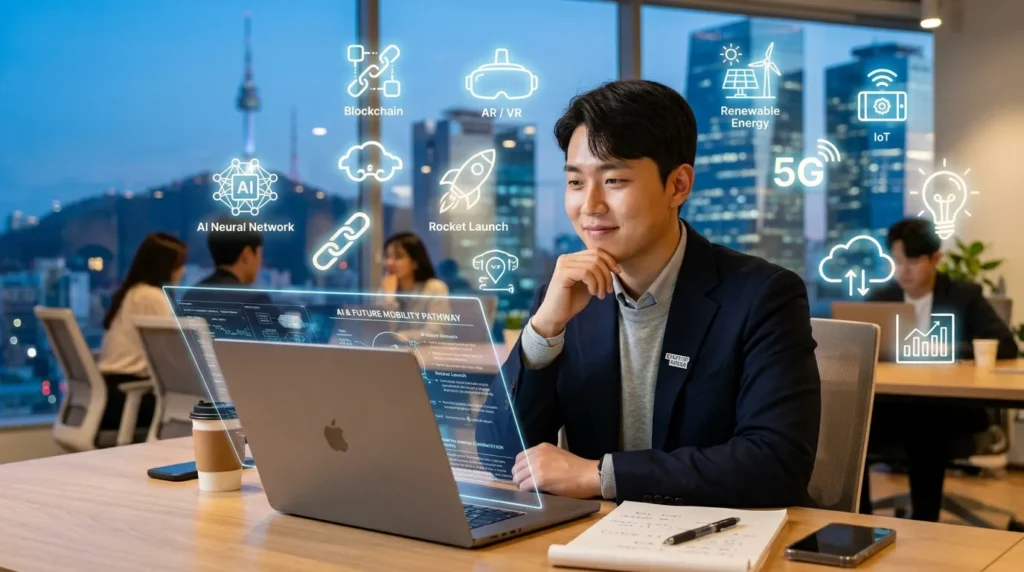 한국인 창업가가 노트북 앞에서 혁신적인 사업 아이디어를 고민하고, 배경으로는 다양한 기술과 관련된 아이콘들이 떠다니는 모습. 미래지향적이고 희망찬 분위기.