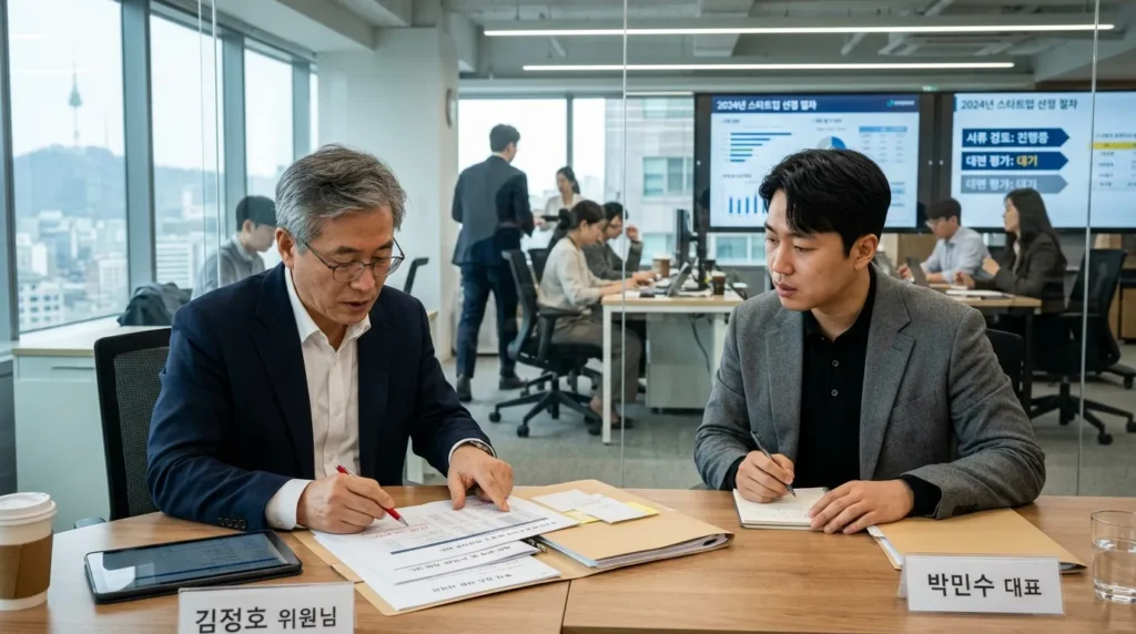 꼼꼼하게 서류를 검토하는 한국인 전문가와 옆에서 설명을 듣는 창업가. 투명한 심사 과정을 나타내는 사무실 배경.