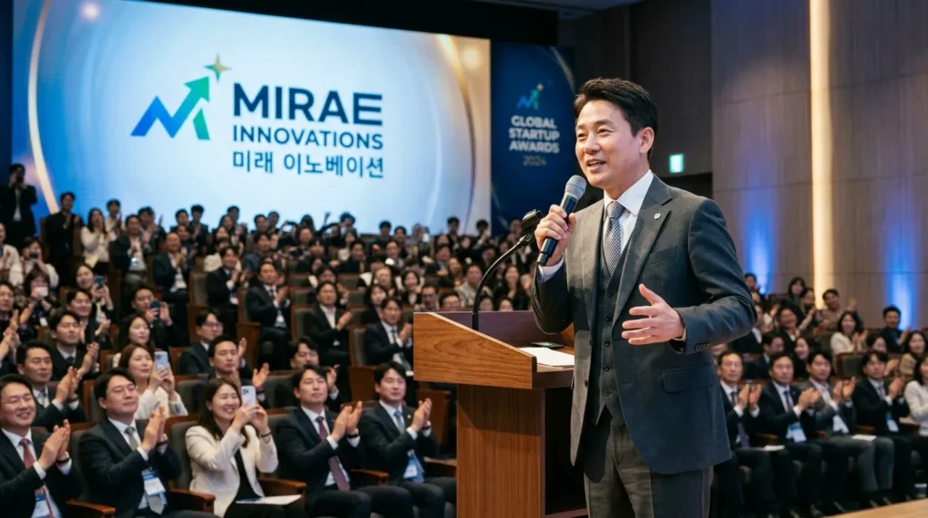 성공적으로 성장한 한국인 스타트업 대표가 시상식에서 연설하는 모습. 뒤편에는 기업 로고가 보이고, 청중들이 박수갈채를 보내는 역동적인 장면.