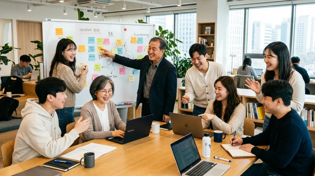 다양한 연령대의 한국인들이 함께 모여 밝은 표정으로 아이디어를 공유하며 브레인스토밍하는 모습, 노트북과 화이트보드를 활용하여 협력적인 분위기를 연출.
