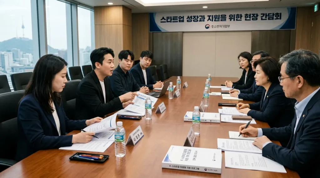 한국인 스타트업 대표들이 정부 관계자들과 함께 테이블에 앉아 맞춤형 지원 프로그램에 대해 상담하고 서류를 검토하는 모습.