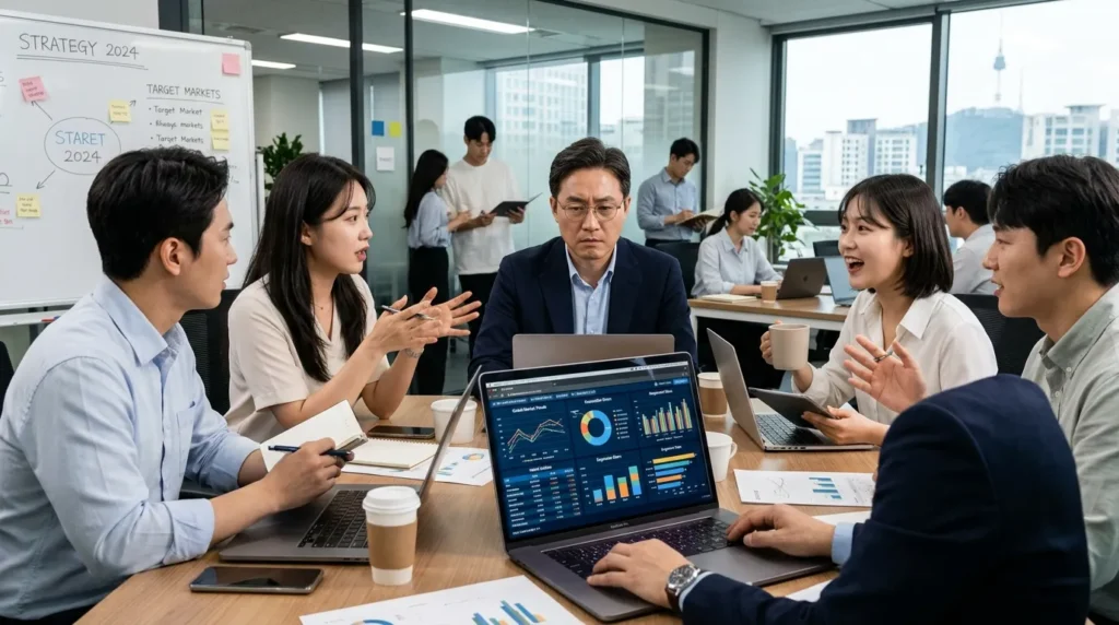 한국인 창업가가 노트북 화면에서 복잡한 시장 분석 차트와 데이터를 진지하게 검토하고 있으며, 주변에는 팀원들이 자유롭게 의견을 주고받는 모습.
