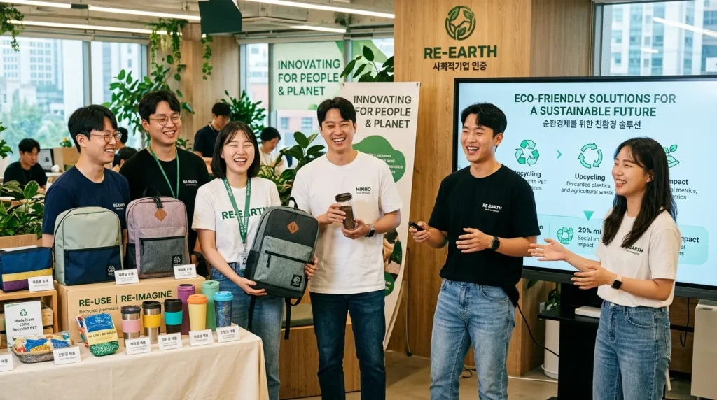 한국인 스타트업 팀원들이 밝은 미소를 지으며 재활용 소재로 만든 제품을 들고 있거나, 친환경 솔루션 앞에서 프레젠테이션하는 모습. 사회적 기업의 이미지를 강조.